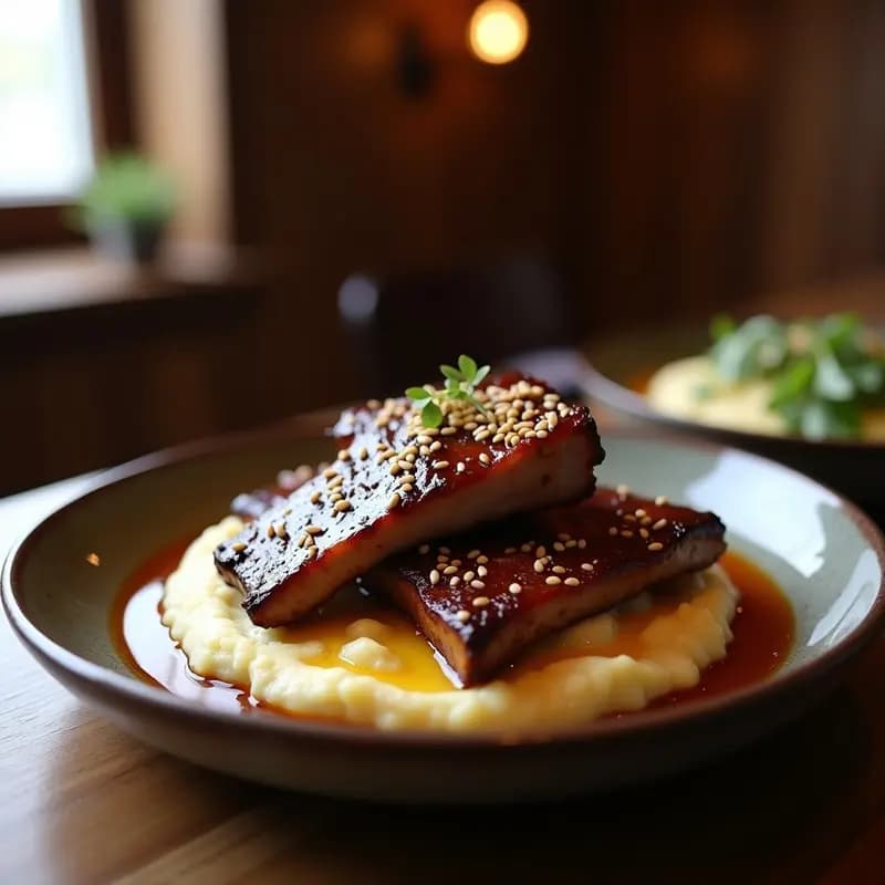 Costillas de Cerdo Glaseadas con Miel y Salsa Teriyaki con Puré de Patata Trufado: Plato Principal para Carnívoros