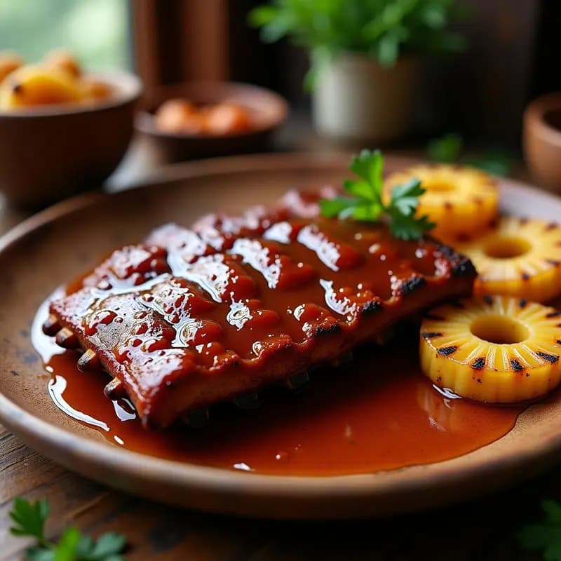 Costillas Glaseadas con Miel, Salsa Barbacoa y Aros de Piña a la Parrilla: el BBQ más Dulce y Sabroso