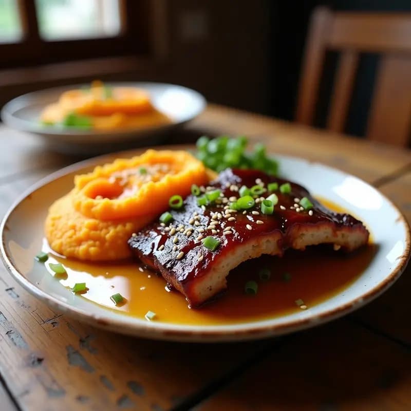 Costillas Glaseadas con Miel y Salsa Teriyaki con Puré de Batata y Queso: Plato para Chuparse los Dedos