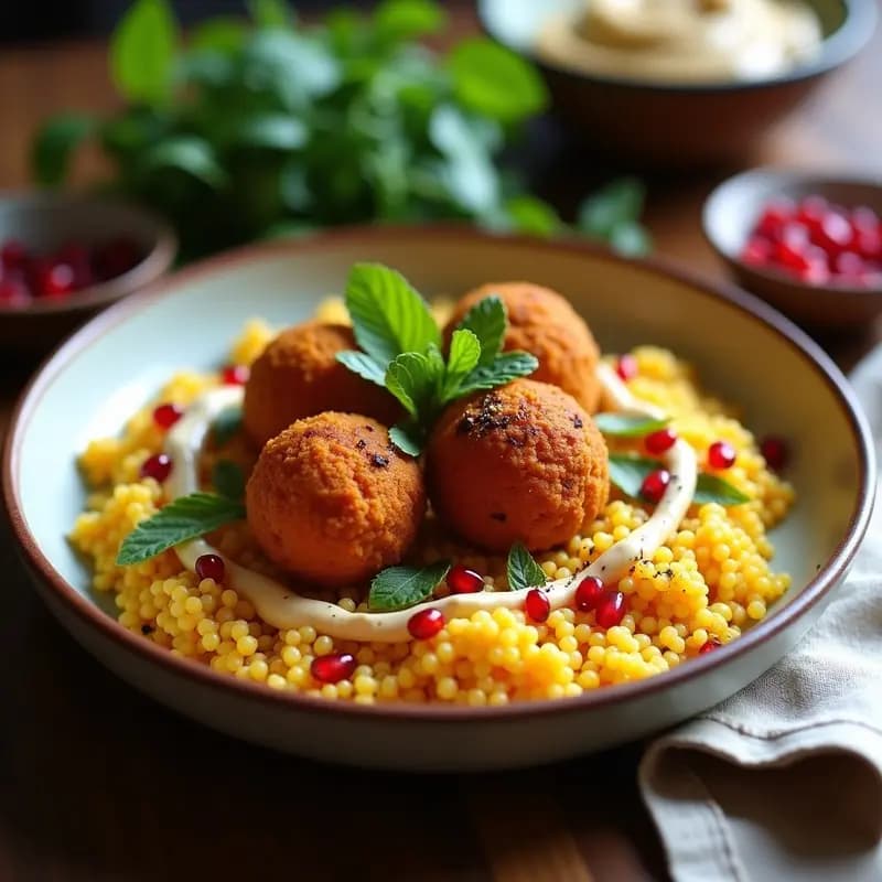 Couscous Israelí con Falafel y Tahini: Plato Medio Oriental Vegano y Crujiente