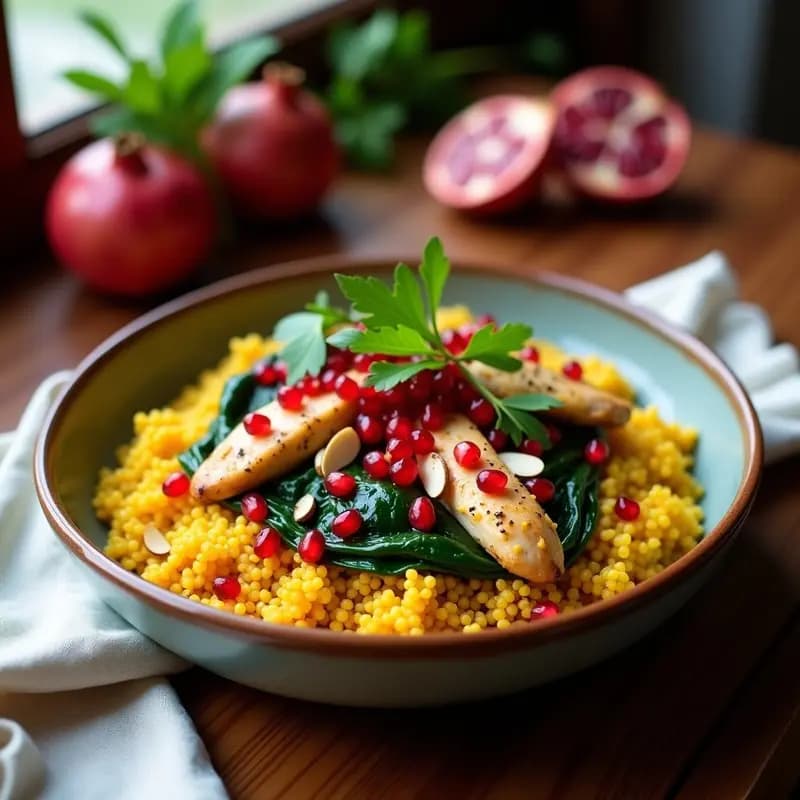 Couscous Israelí con Pollo al Curry y Granados: Receta Rápida y Alta en Antioxidantes