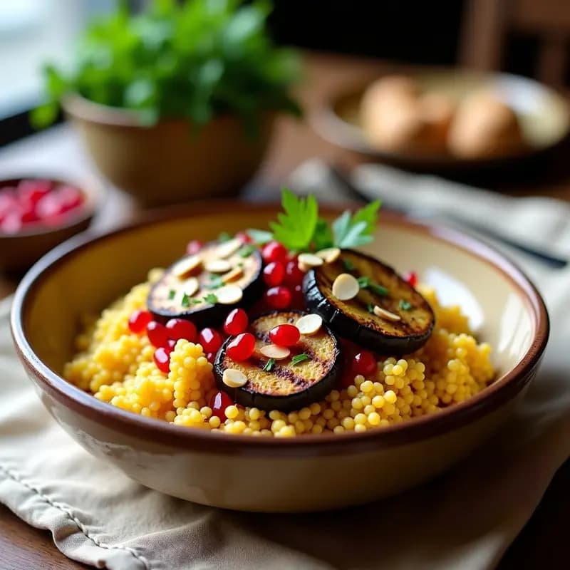Couscous de Mijo con Berenjena Asada y Granada: Receta Norteafricana Sin Gluten y Vegana