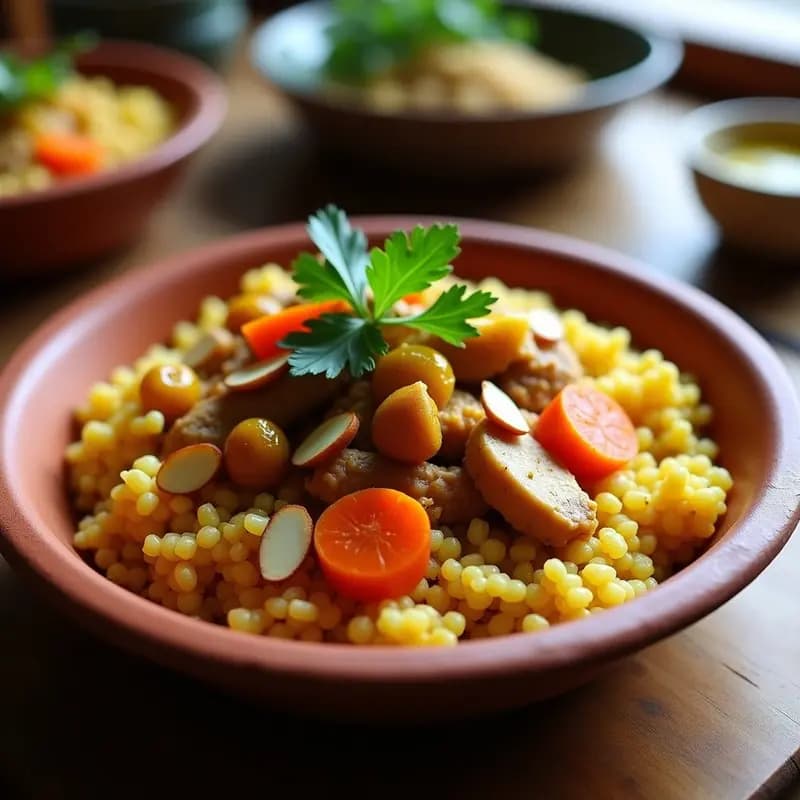 Couscous Marocí con Pollo al Ras el Hanout y Pasas: Receta Magrebí en Olla Exprés Sin Aceite