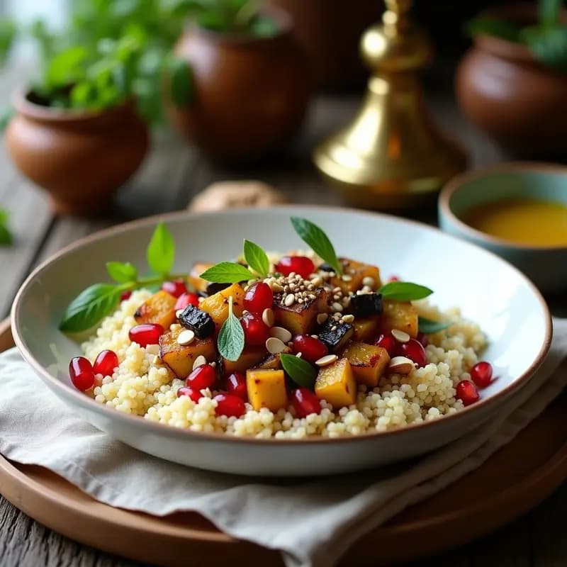 Couscous de Quinoa con Berenjena Asada y Granados: Receta Libanesa Keto y Alta en Fibra