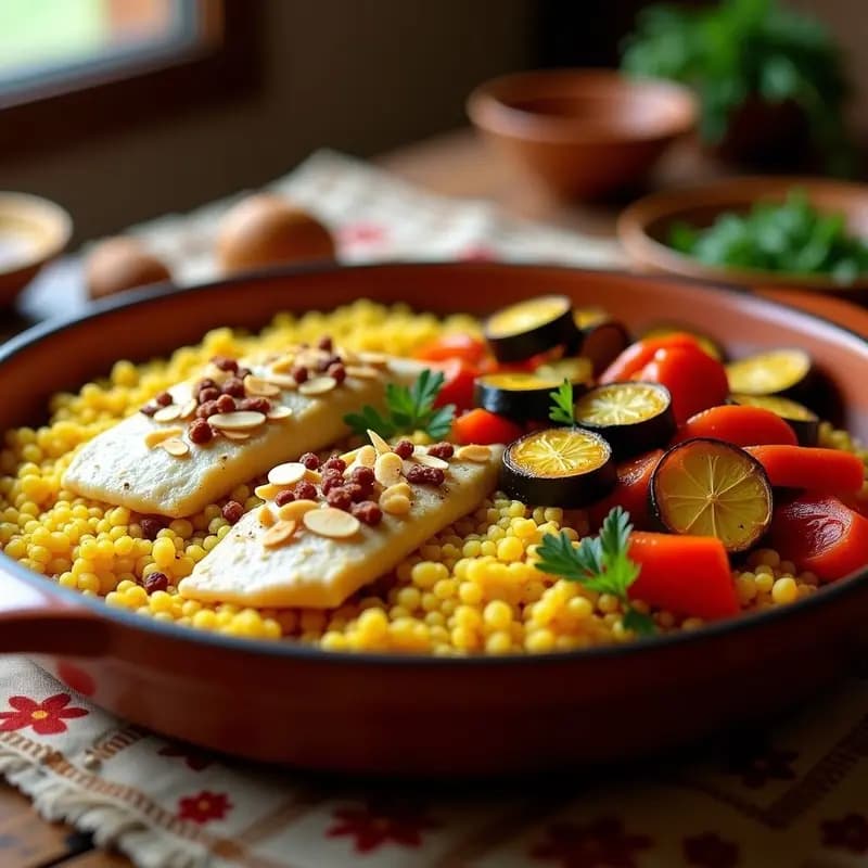 Couscous con Verduras y Merluza al Horno: Receta Marroquí en una Solo Bandeja con Especias Beréber
