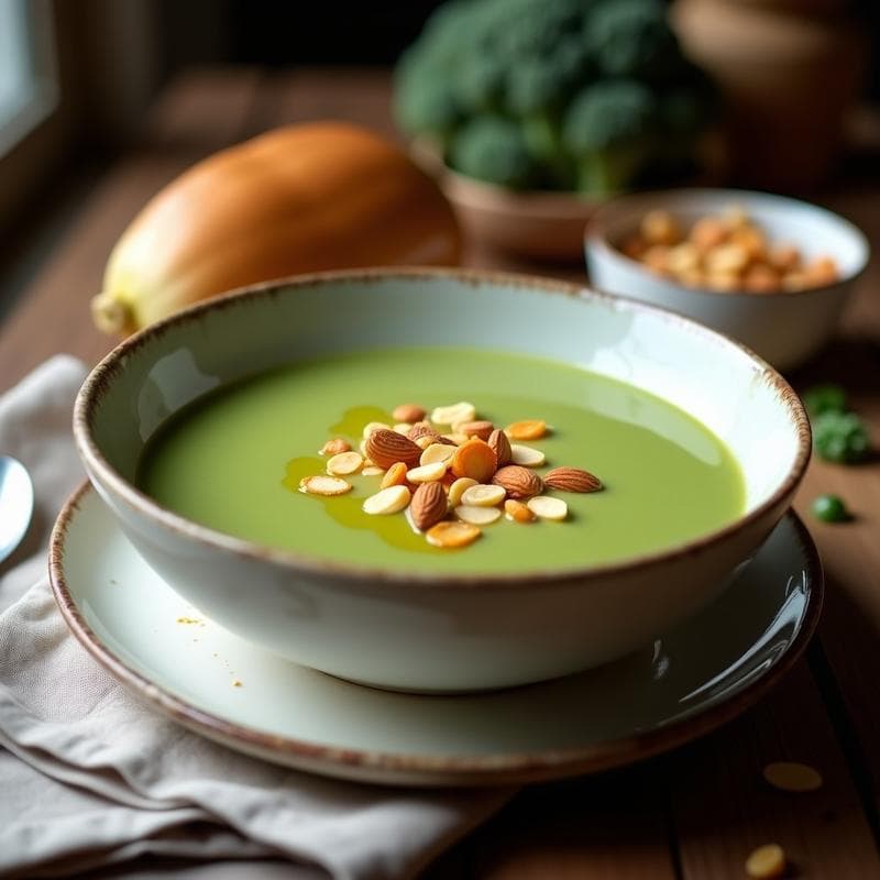 Crema de Brócoli y Queso Vegano con Crujientes de Almendra: Sopa en Thermomix Sin Lácteos