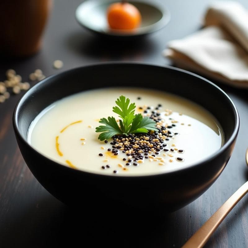 Crema de Coliflor y Úmeboshi con Crujiente de Semillas de Sésamo: Sopa Japonesa Detox