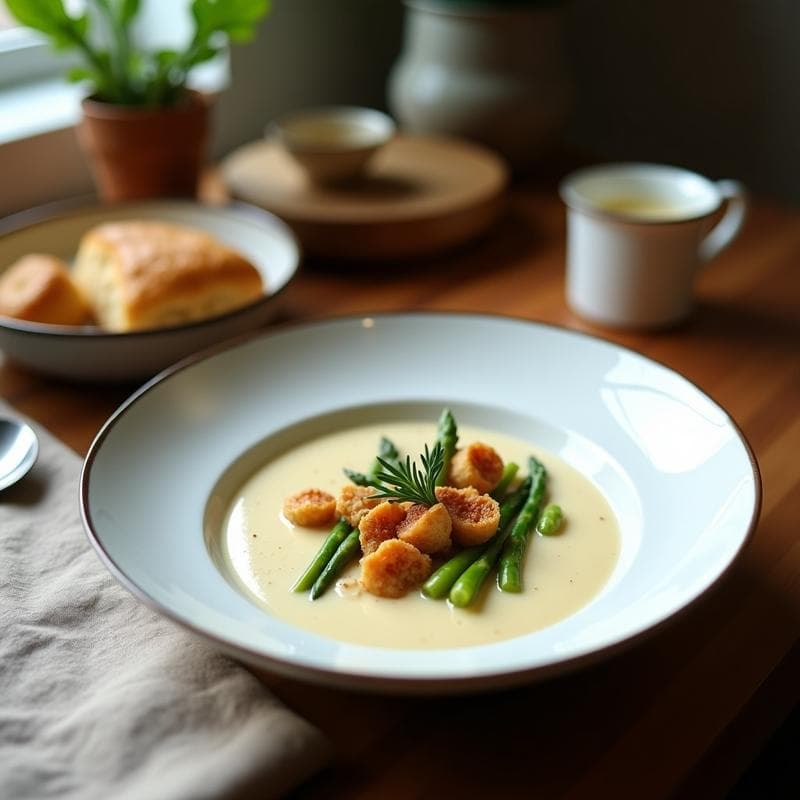 Crema de Espárragos Blancos y Almendras con Tocino de Tempeh Crujiente: Receta Vegana y Gourmet