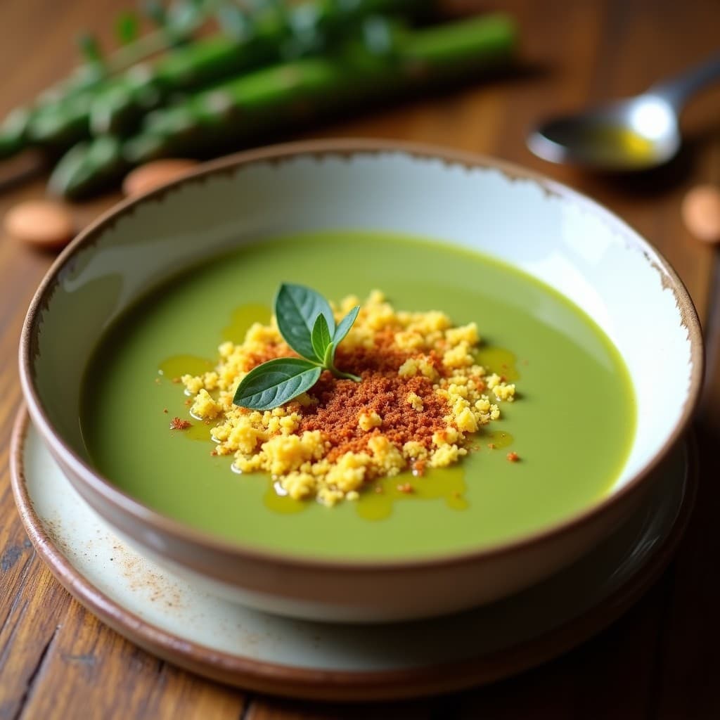 Crema de Espárragos Verdi y Azafrán con Crumble de Almendras: Receta Italiana Sin Lácteos