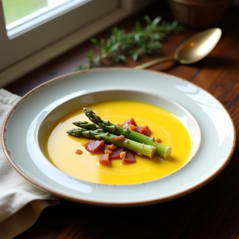 Crema de Espárragos Blancos y Azafrán con Jamón Crujiente: Receta Francesa en Olla Exprés