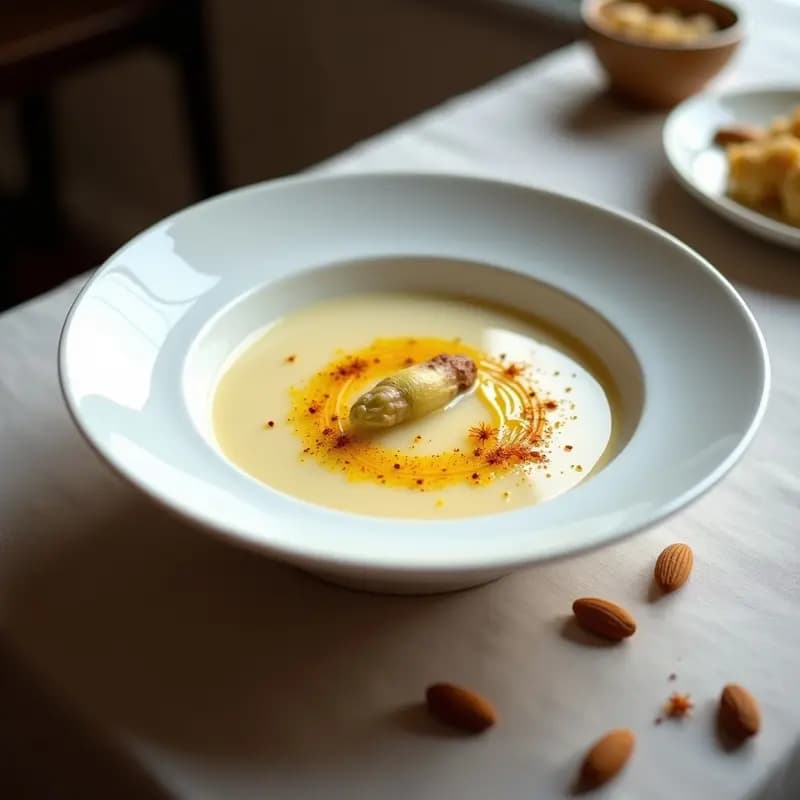 Crema de Espárragos Blancos con Espuma de Azafrán y Virutas de Almendras: Receta Persa Elegante