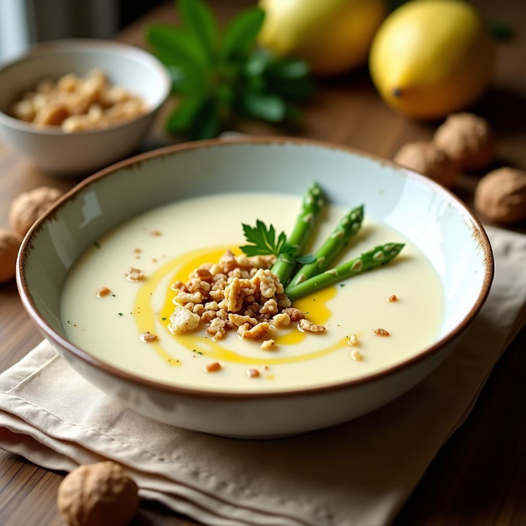 Crema de Espárragos Blancos y Nueces: Sopa alemana cremosa y sin lácteos