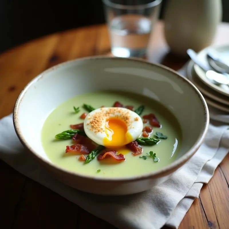 Crema de Espárragos Blancos con Tocino Crujiente y Huevos Escalfados: Receta Francesa Keto