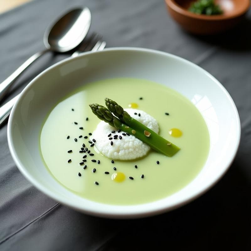 Crema de espárragos blancos con espuma de wasabi: Sopa gourmet sin lactosa