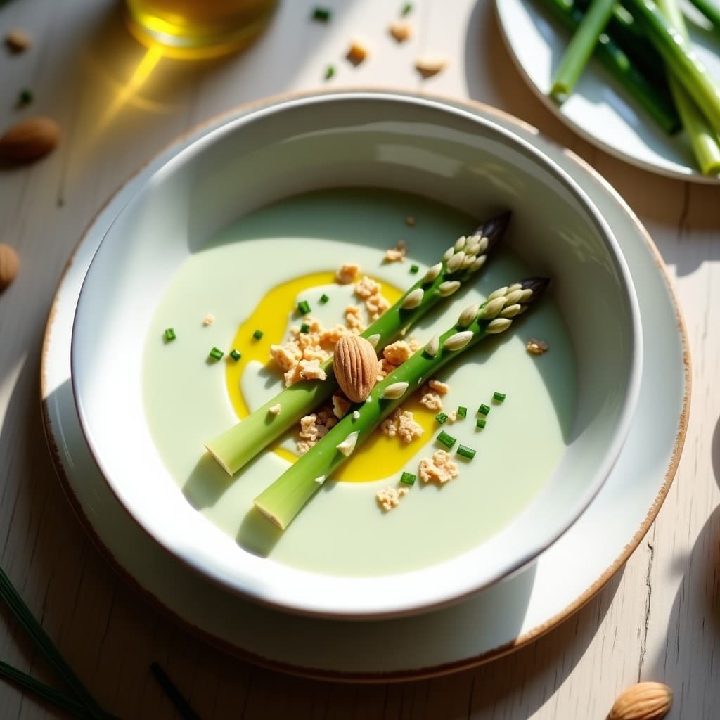 Crema Fría de Espárragos Blancos y Yogur de Soja con Virutas de Almendra: Receta Alemana Vegana