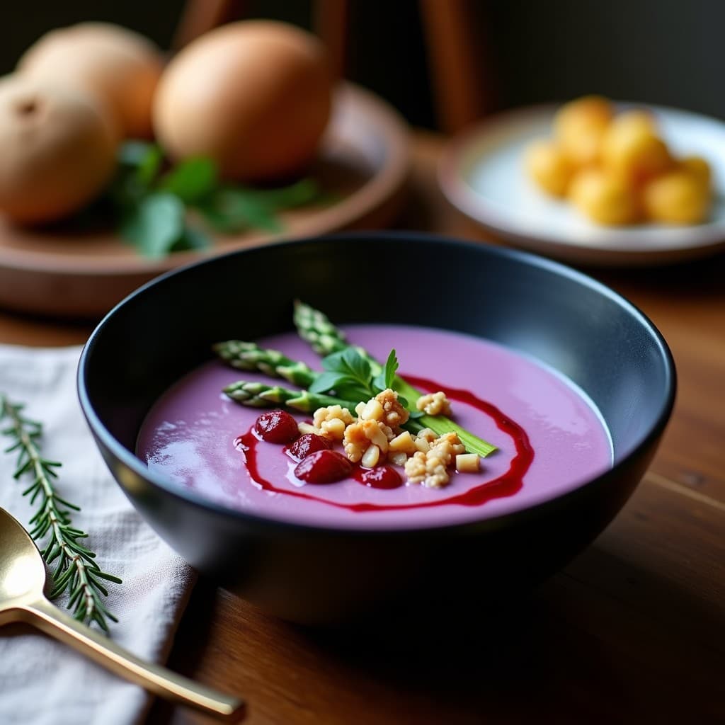 Crema de Espárragos Morados y Nueces: Sopa Vegana con Toque de Vinagre de Frambuesa