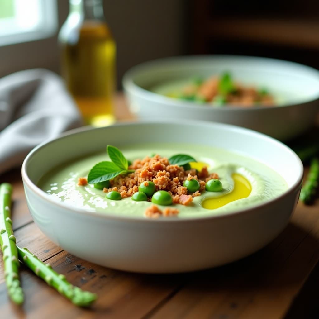 Crema Fría de Espárragos Blancos y Guisantes con Crumble de Panceta: Receta de Primavera