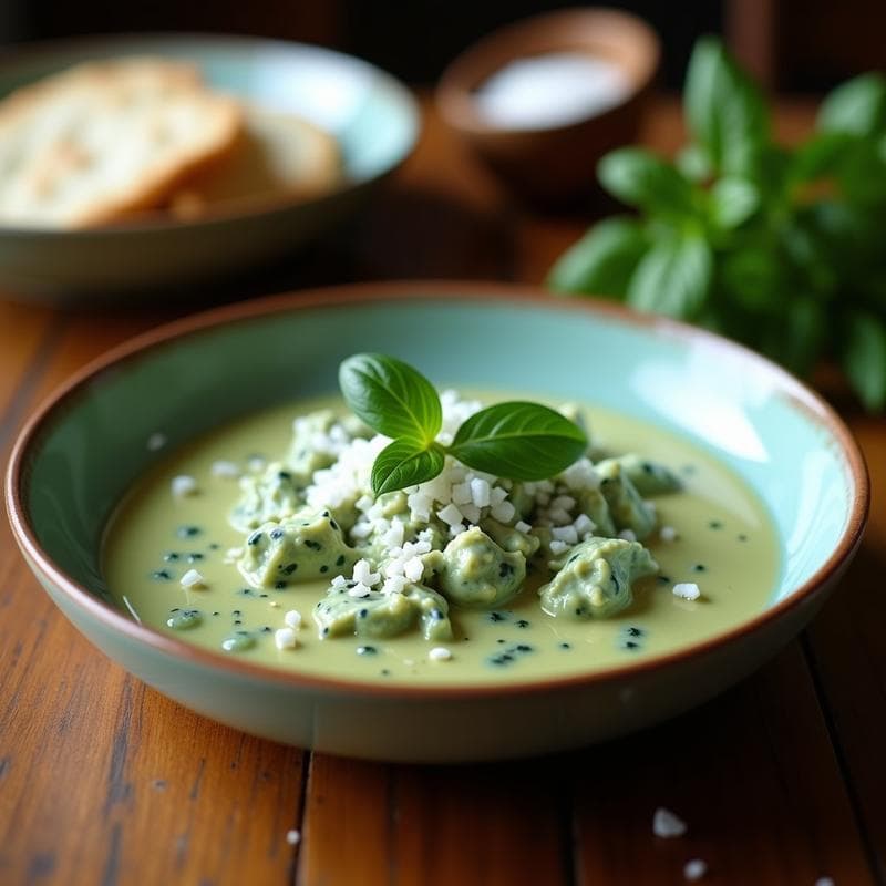 Crema Fría de Espinaca y Albahaca con Virutas de Coco: Sopa Verde Tailandesa Sin Cocinar