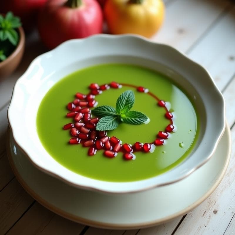 Crema Fría de Guisantes con Menta y Vinagreta de Granado: Entrante Persa Vegano en 10 Minutos
