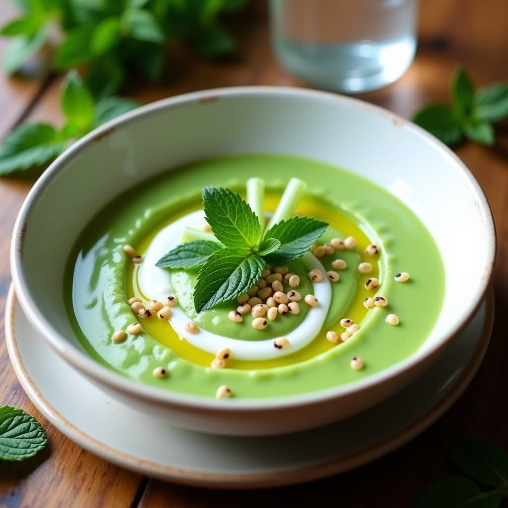 Crema Fría de Guisantes con Mentolado de Hierbabuena: Receta Iraní Refrescante en 15 Minutos