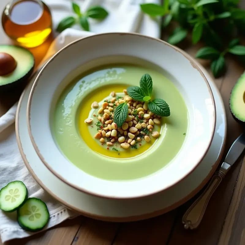 Crema Fría de Pepino y Aguacate con Aceite de Pistacho: Gazpacho Andaluz Moderno