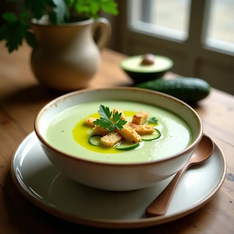 Crema Fría de Pepino y Aguacate con Crutones de Lino: Receta Estival Sin Lácteos