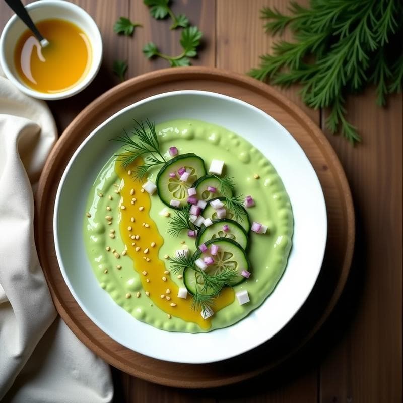 Crema Fría de Pepino y Aguacate con Vinagreta de Mostaza: Receta Refrescante en 10 Minutos