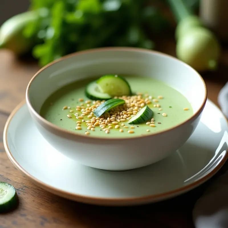 Crema Fría de Pepino y Alga Nori con Crujiente de Sésamo: Sopa Vegana Depurativa