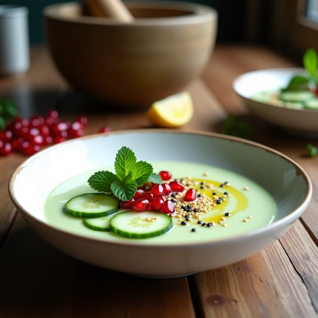Crema Fría de Pepino y Jengibre con Topping de Granos de Granada: Receta Ayurvédica Detox