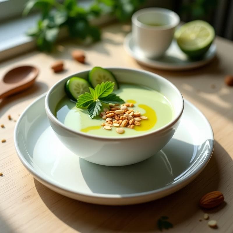 Crema Fría de Pepino y Wasabi con Crujiente de Almendras: Entrante Tailandés Detox en 15 Minutos