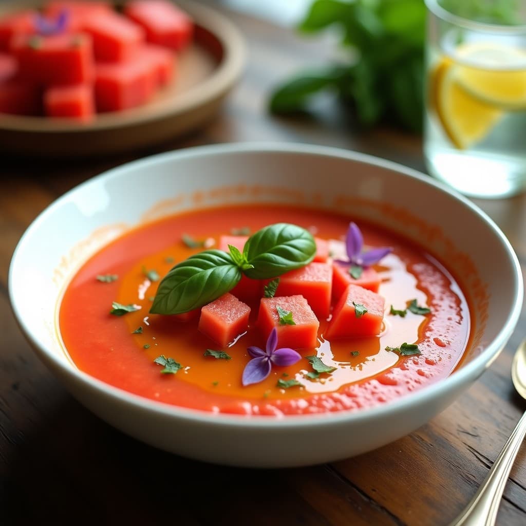 Crema Fría de Sandía y Tomate con Albahaca: Gazpacho Andaluz Reinventado Sin Gluten
