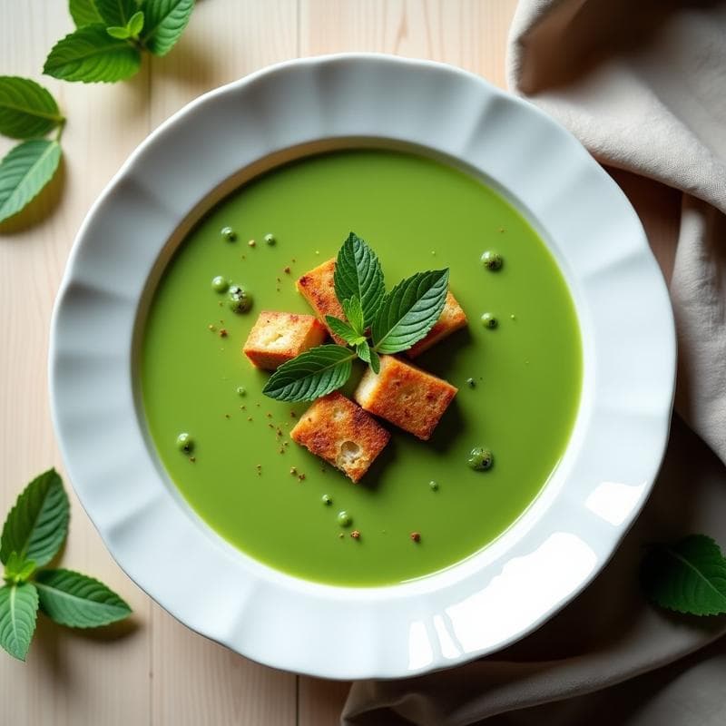 Crema Fría de Guisantes y Menta con Crutones de Pan de Espelta: Receta Inglesa en Thermomix