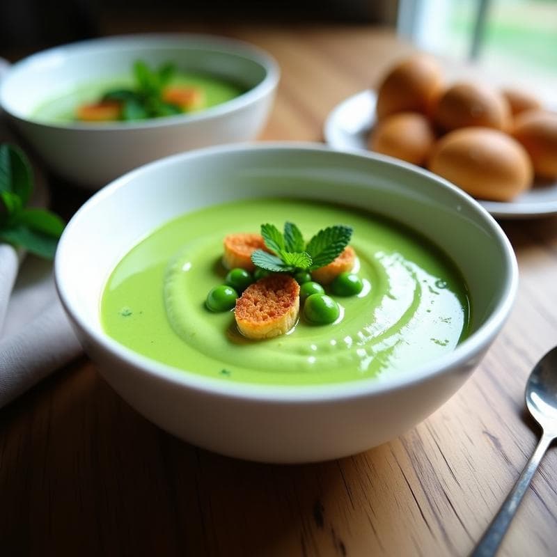 Crema de Guisantes con Mentol y Crutones de Pan de Centeno: Sopa Primaveral en Thermomix