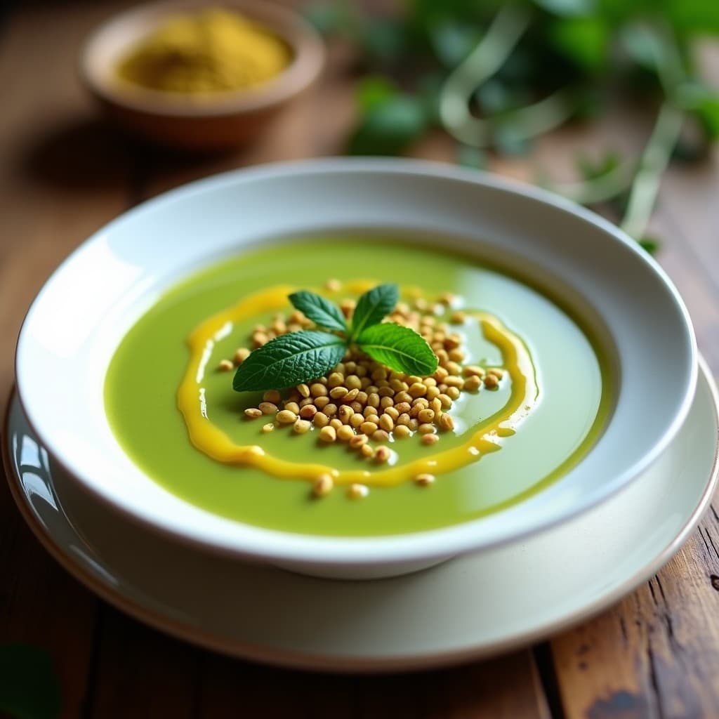 Crema de Guisantes con Mentolado y Aceite de Pistacho: Sopa Griega Elegante en Thermomix