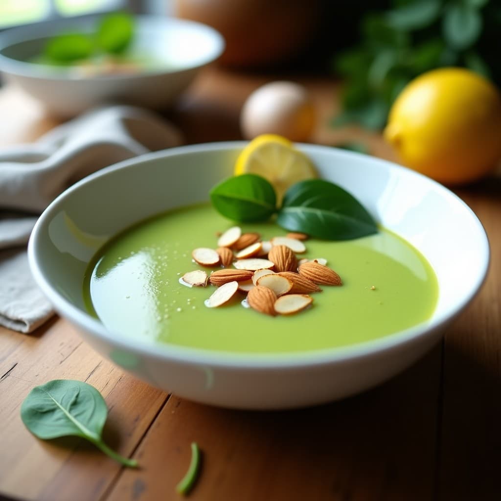 Crema Fría de Pepino, Espinaca y Kéfir con Crujiente de Almendra: Receta Probiótica Sin Cocción