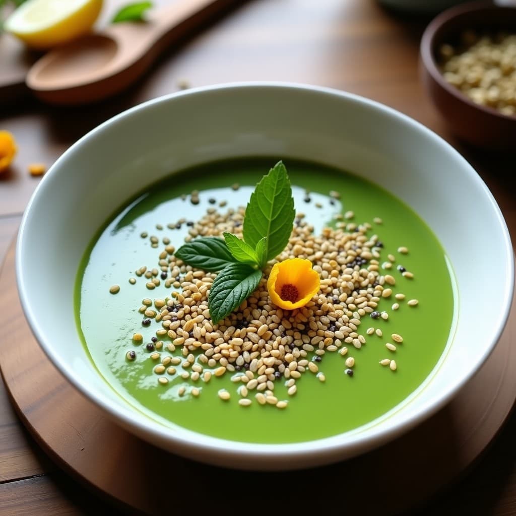 Crema Fría de Pepino y Espirulina con Crujiente de Semillas: Gazpacho Superfood Vegano en 5 Minutos