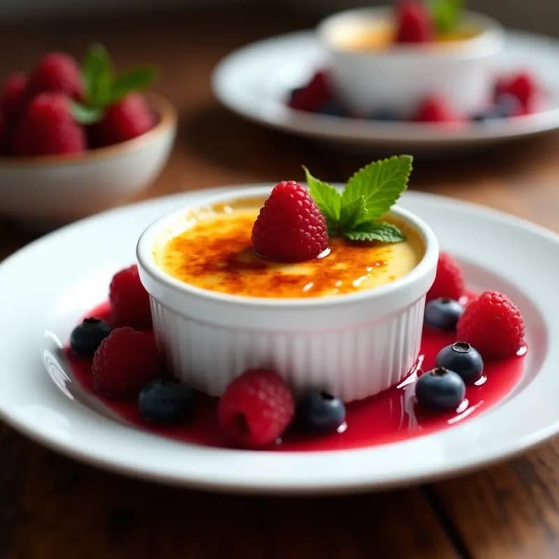 Creme Brûlée de Vainilla Bourbon con Frutos Rojos: Postre Francés Clásico y Sin Lactosa