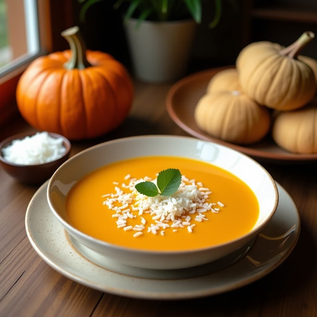 Cremoso de Zapallo y Jengibre con Virutas de Coco: Sopa Tailandesa Vegana