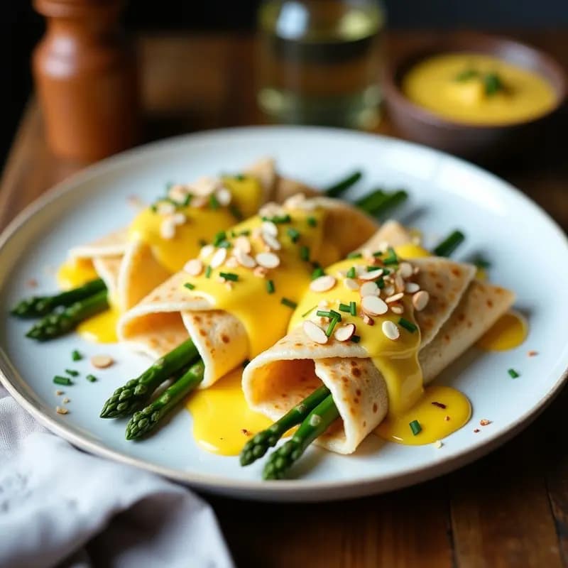 Crepes de Arroz Salado con Espárragos y Salsa Holandesa: Receta Francesa Sin Gluten