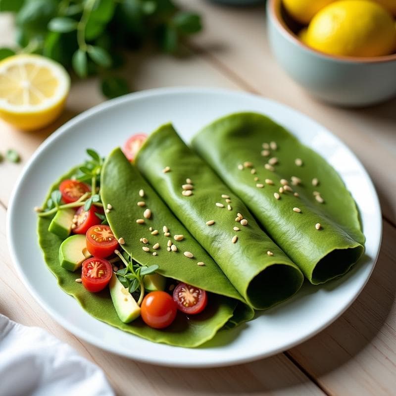 Crepes de Harina de Arroz y Espirulina con Relleno de Aguacate: Desayuno Vegano y Crudivegano