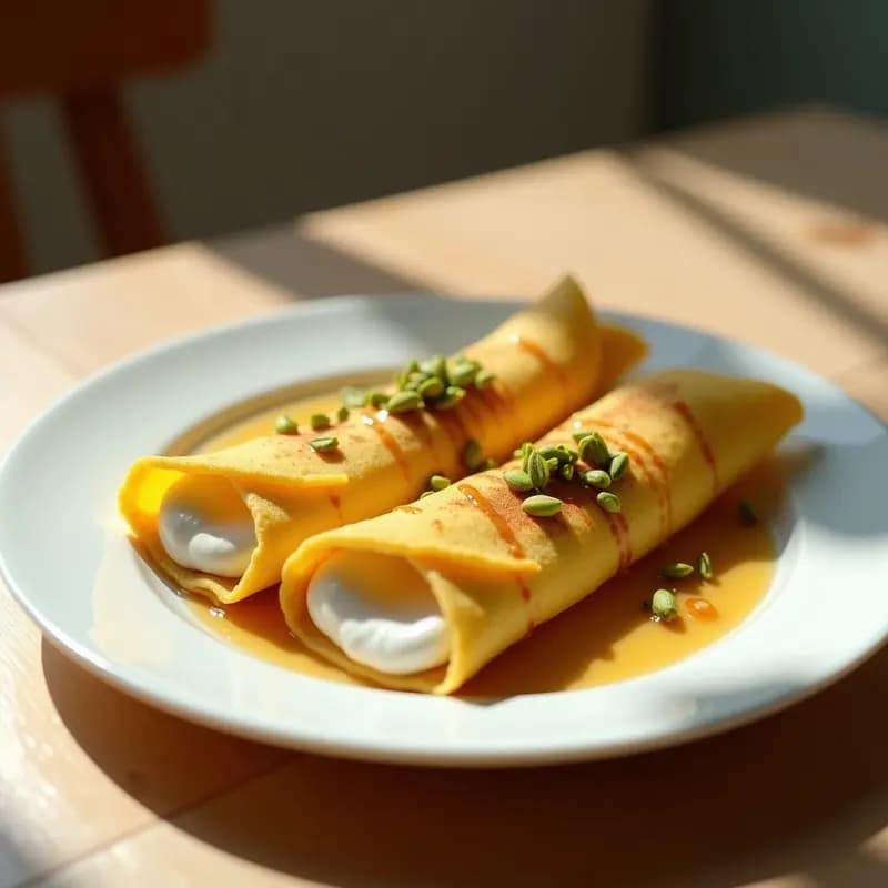 Crepes de Harina de Arroz y Azafrán con Relleno de Requesón y Miel: Desayuno Persa Dulce