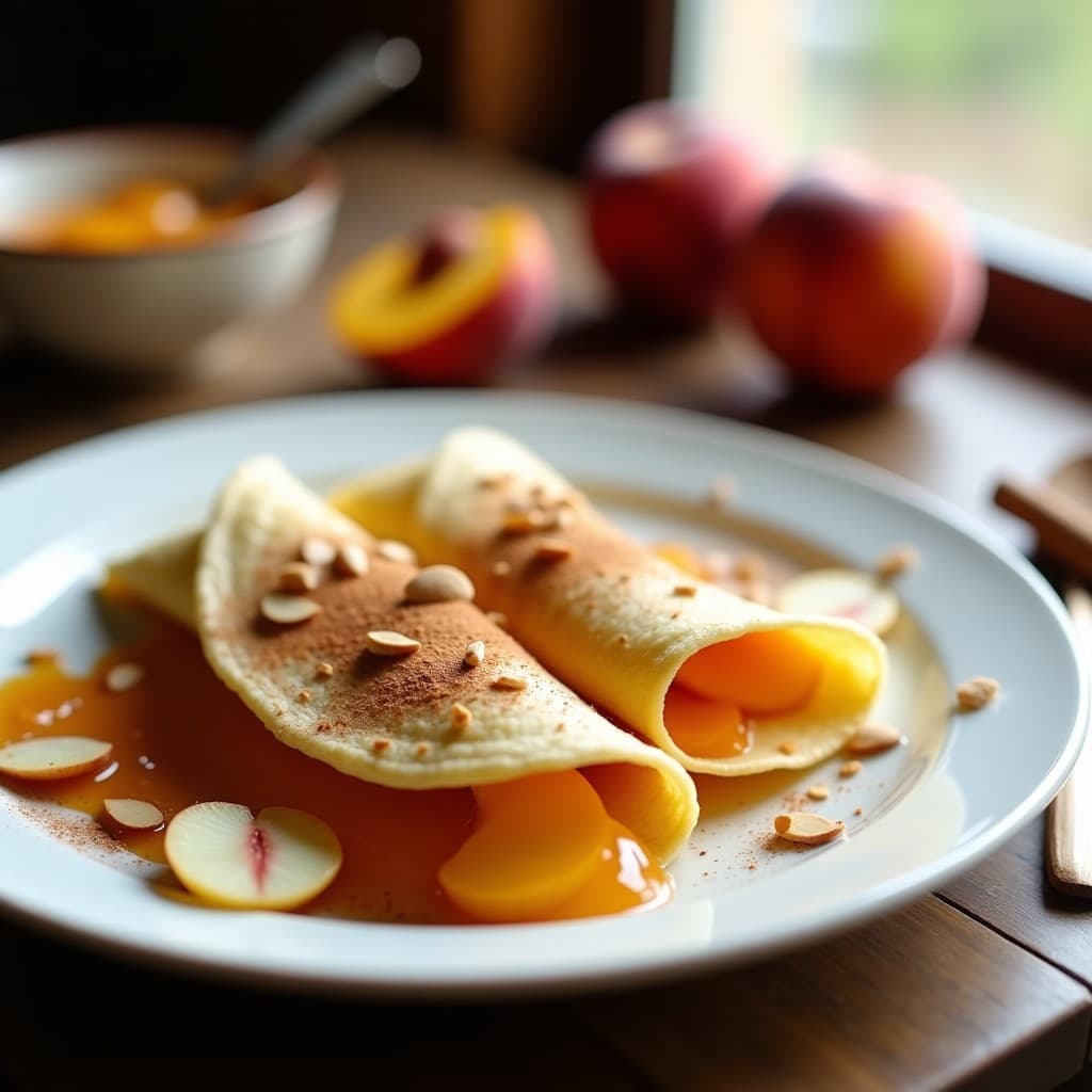 Crêpes de Harina de Arroz con Compota de Durazno y Canela: Postre Sin Gluten y Sin Azúcar