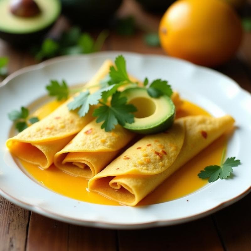 Crepes de Harina de Arroz y Cúrcuma con Relleno de Aguacate y Salsa de Mango