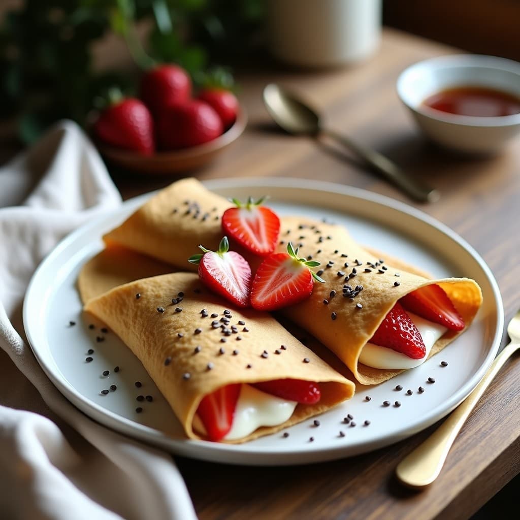 Crepes de Harina de Buckwheat con Crema de Anacardos y Fresas: Desayuno Francés Vegano
