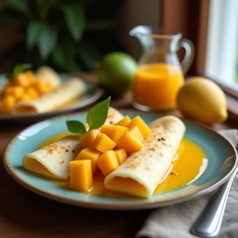 Crepes de Harina de Coco y Relleno de Mango: Desayuno Sin Gluten y Tropical