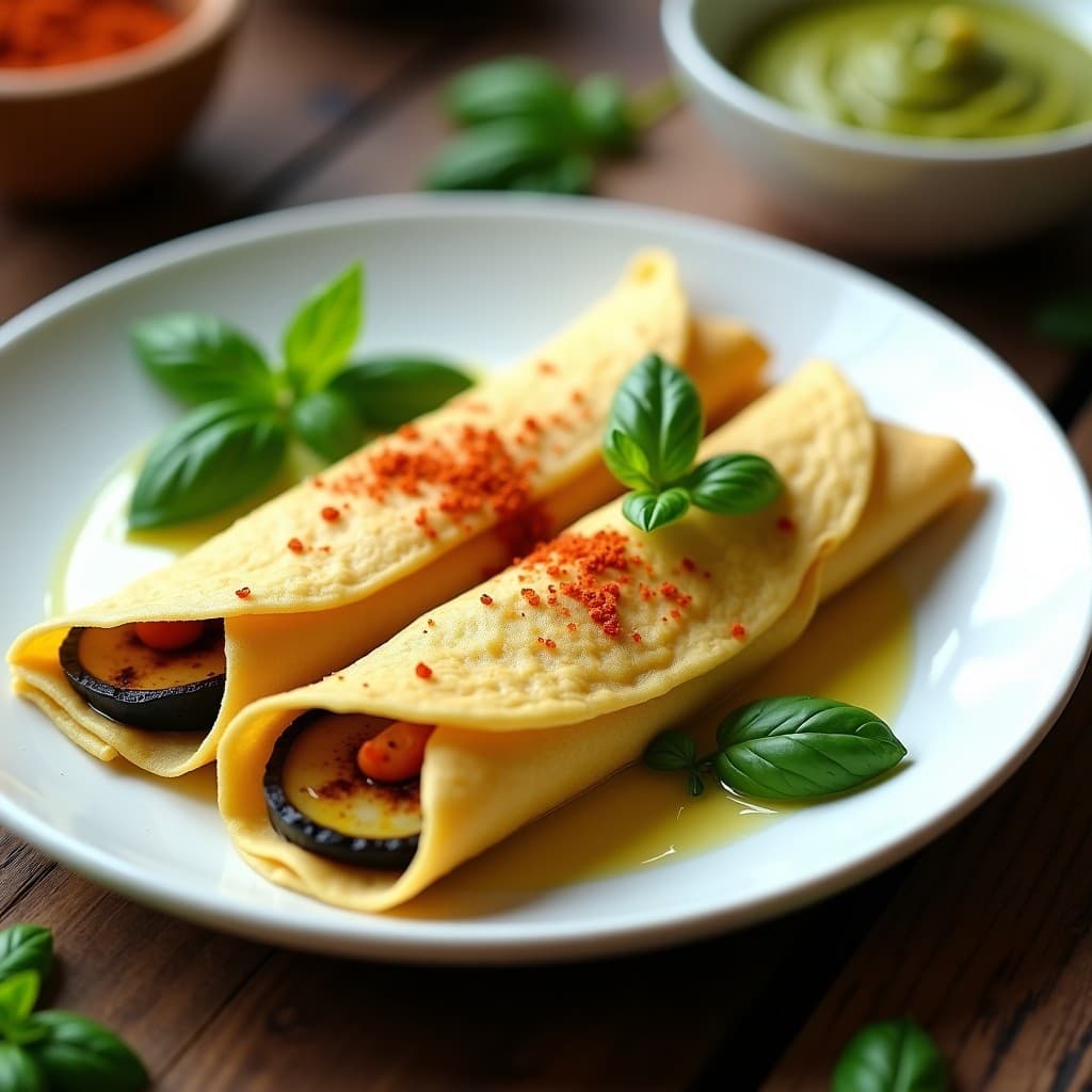Crepes de Harina de Garbanzo Rellenos de Berenjena Asada y Pesto de Albahaca: Desayuno Sin Gluten