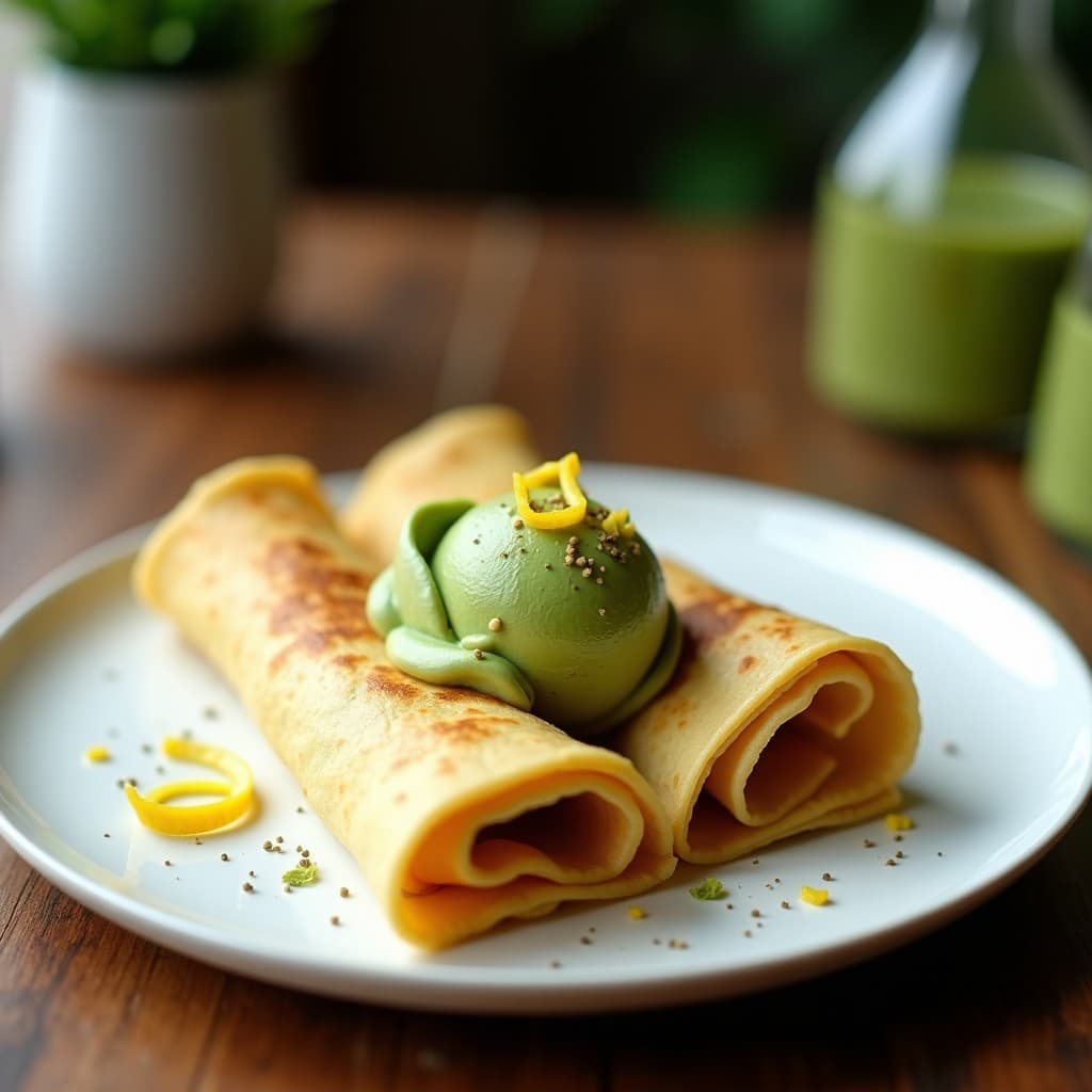 Crepes de Harina de Garbanzo con Helado de Matcha: Postre Francés Sin Gluten y Sin Azúcar