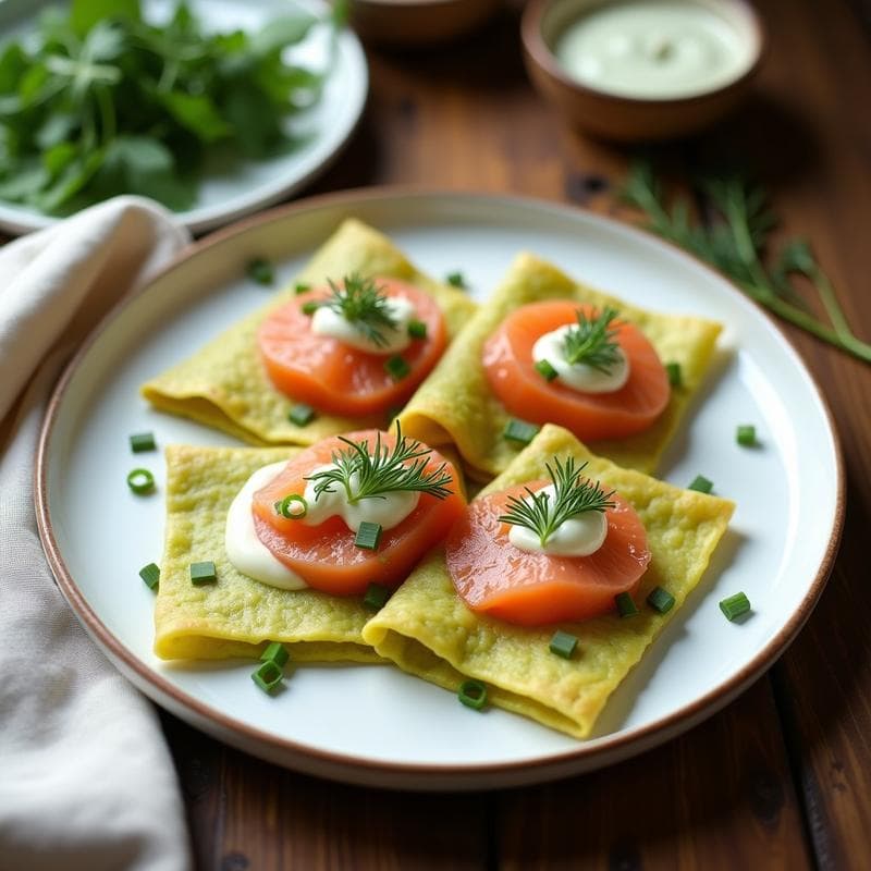 Crêpes de Harina de Guisante con Relleno de Crema de Wasabi y Salmón Ahumado