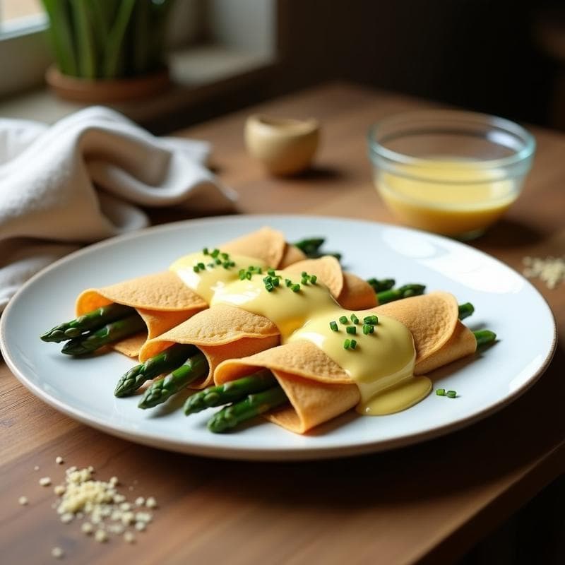 Crepes de Harina de Lentejas con Espárragos y Salsa Holandesa Vegana: Receta Sin Gluten