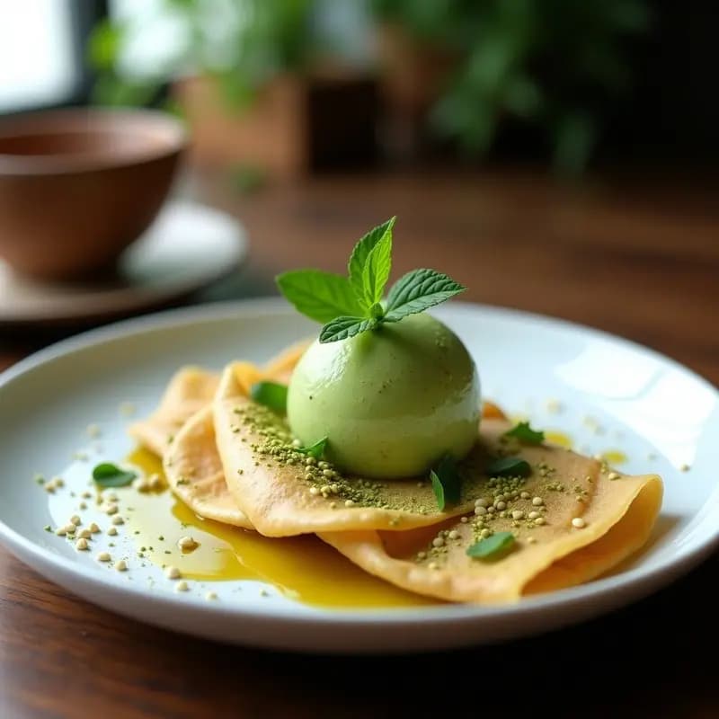 Crepes de Harina de Trigo Sarraceno con Helado de Té Verde: Postre Francés-Japonés Sin Gluten